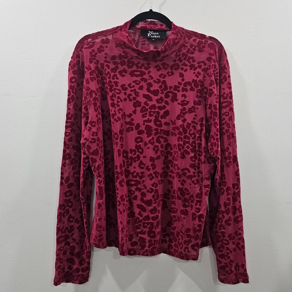 NINA PARKER Sheer Velvet Leopard Flock Mock Neck Top Pink Plus Size Women 2X